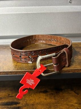 Texas Leather MFG Tooled Brown Leather Belt Western Floral Design Size 28